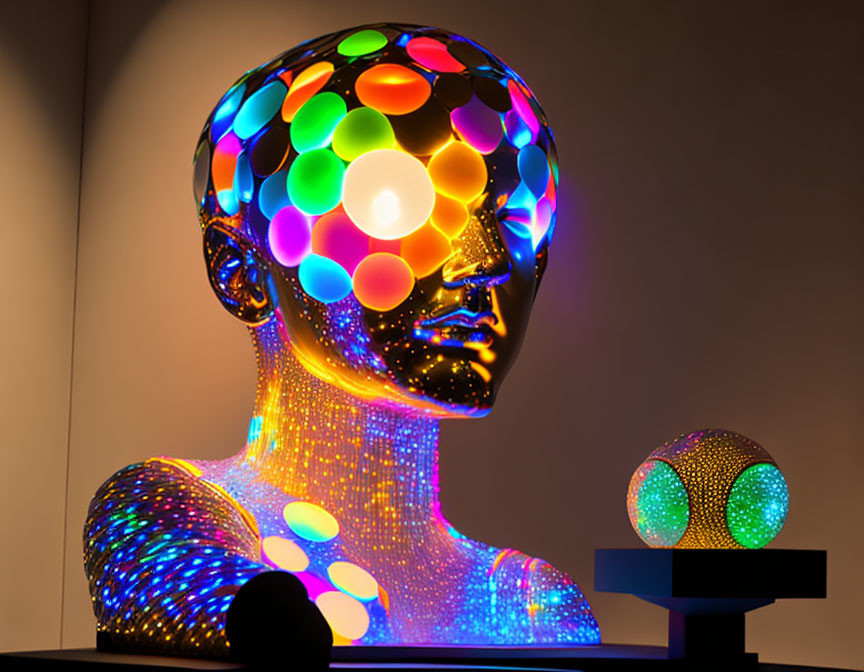 Colorful Illuminated Human Head and Torso Sculpture with Sphere on Pedestal