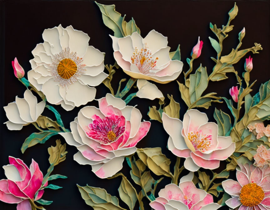 White and Pink Floral Arrangement with Detailed Stamens on Dark Background