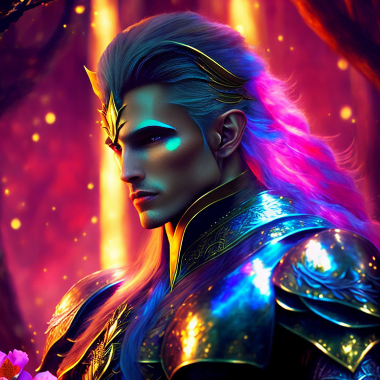 Fantasy male elf with blue eyes in golden armor on red background.