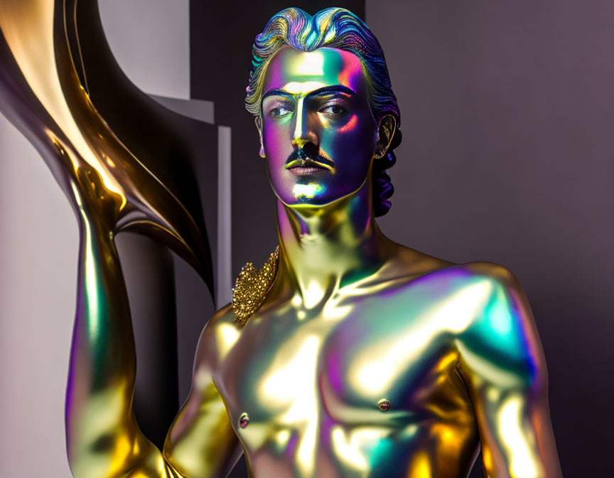 Colorful metallic bust sculpture with iridescent hues for a reflective effect