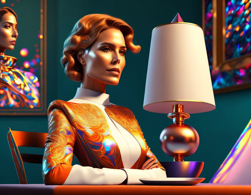 Digital artwork of woman with orange wavy hair & gold jacket in retro-futuristic setting