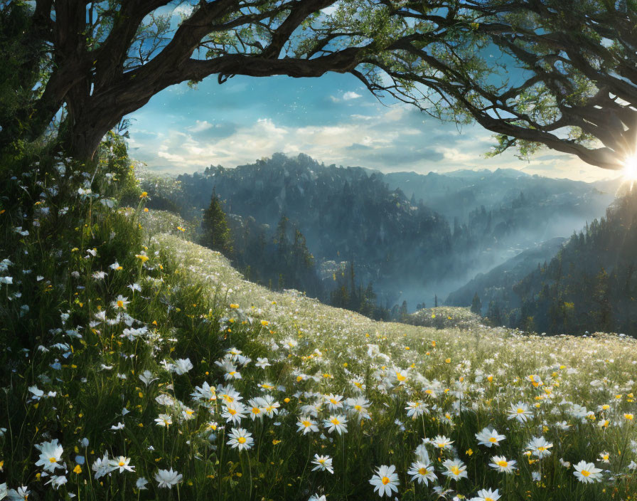 Tranquil meadow with white daisies, trees, sunlight, and misty mountains