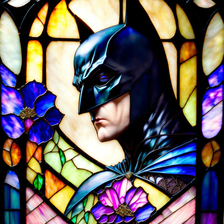 Colorful Batman Stained Glass Artwork with Floral Patterns