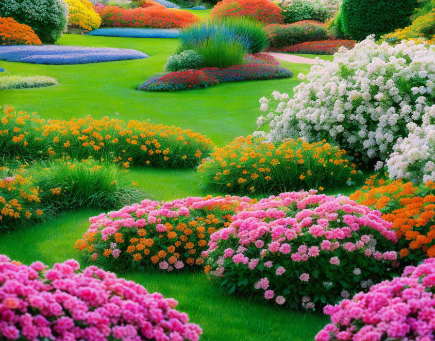 Colorful Blooming Garden with Lush Green Grass