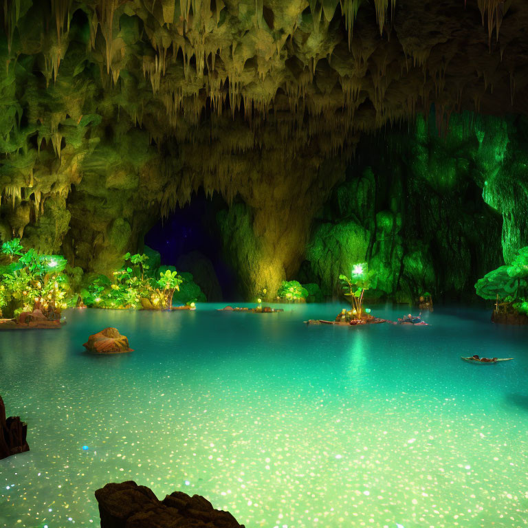 Majestic underground cave with stalactites, turquoise lake, greenery & rocky formations