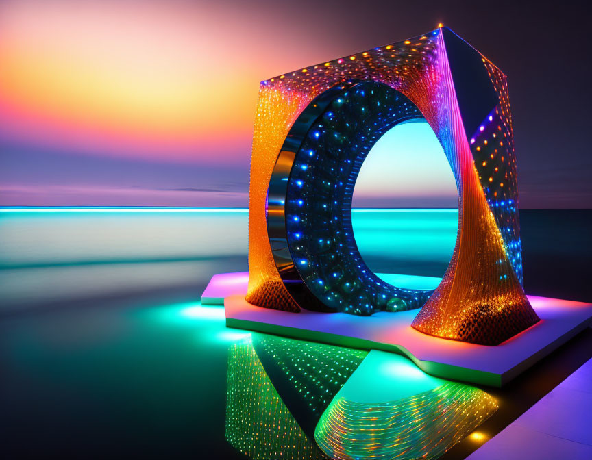 Futuristic illuminated arch by tranquil sea at sunset