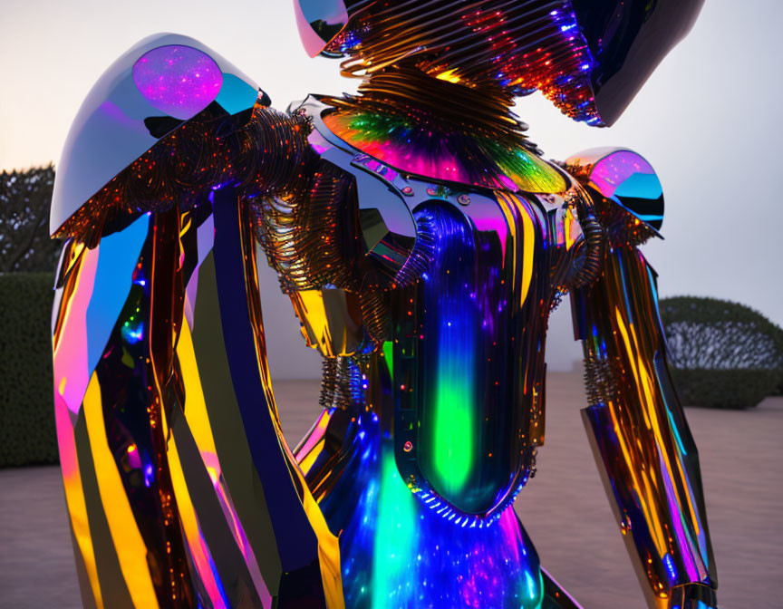 Iridescent humanoid sculpture against twilight sky