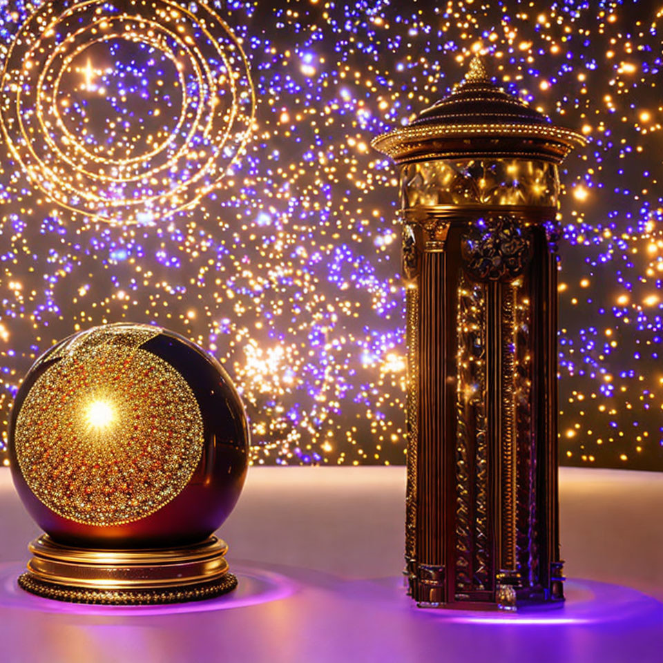 Intricate decorative tower and glowing orb in purple and gold ambiance