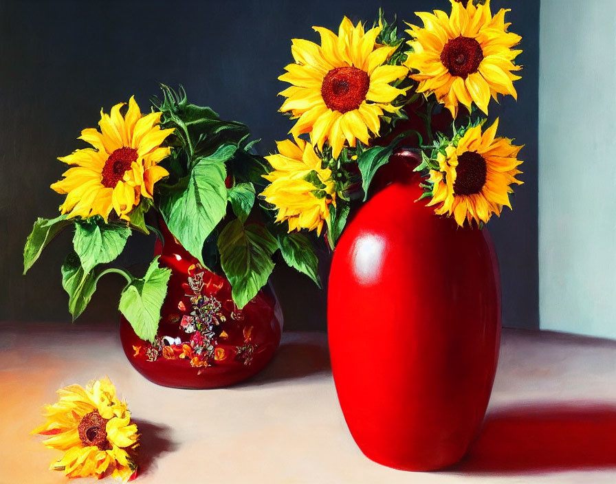 Colorful sunflower still life painting with red and patterned vases