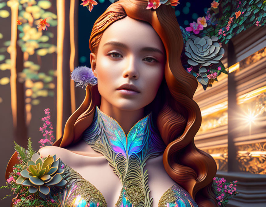 Digital art portrait of woman with floral and peacock feather motifs in nature setting