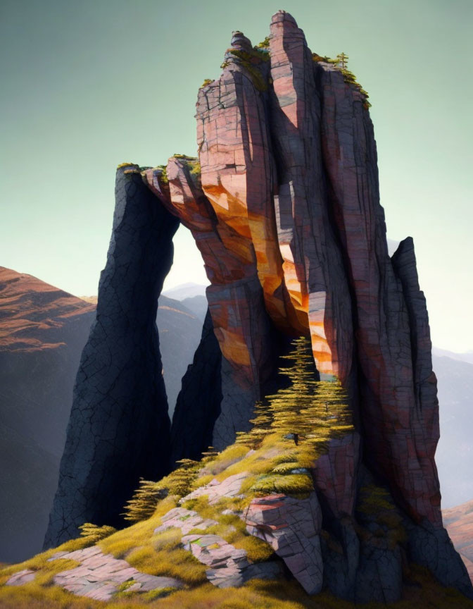 Majestic rock formations in sunlit grassy landscape