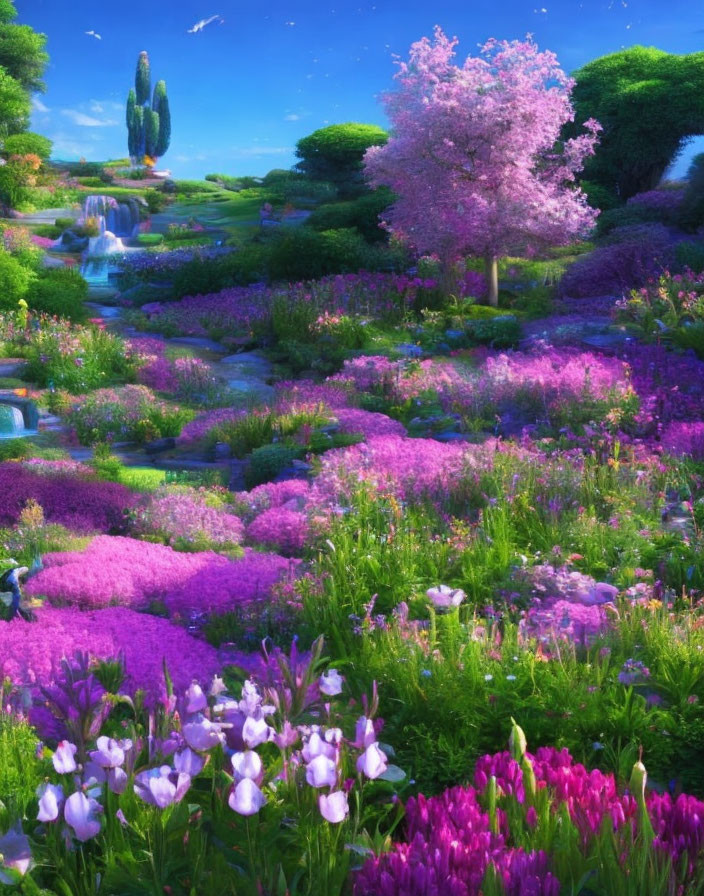 Fantasy garden with waterfalls, purple flowers, pink tree, blue sky