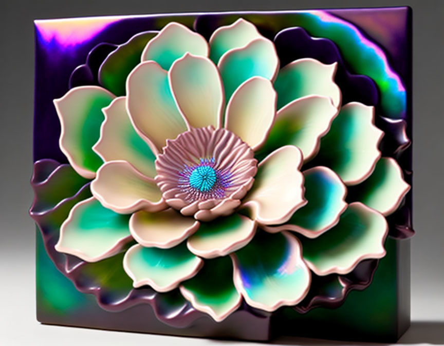 Colorful metallic flower sculpture with iridescent petals on grey background