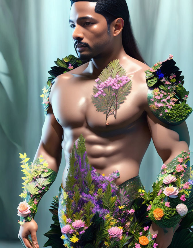 Shirtless man with flower growth against blue backdrop