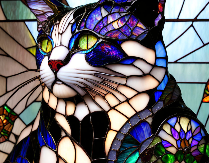 Colorful Stained Glass Artwork of Cat with Blue, Purple, Green Hues