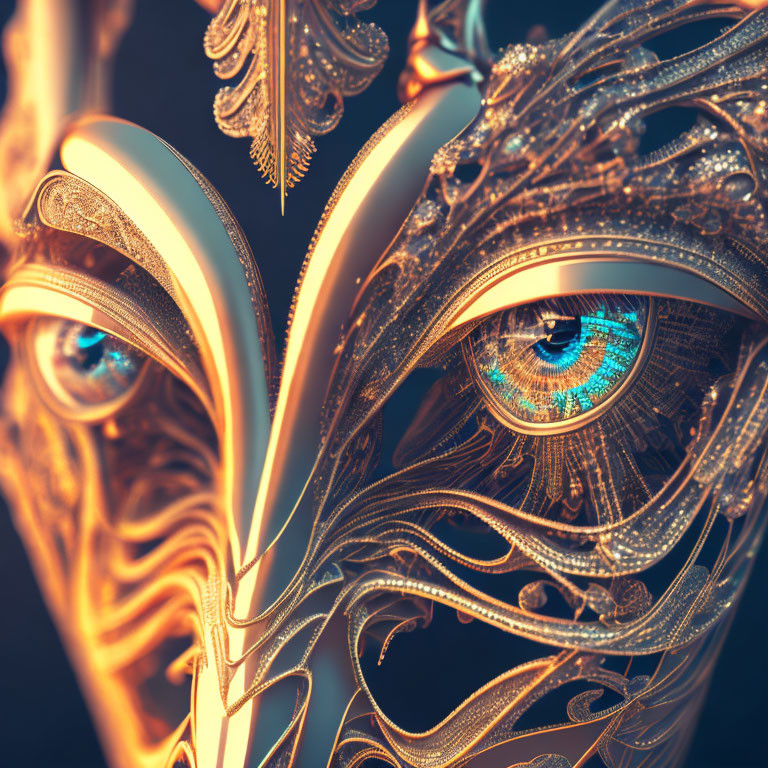 Detailed metallic mask with intricate patterns and vivid blue eye.