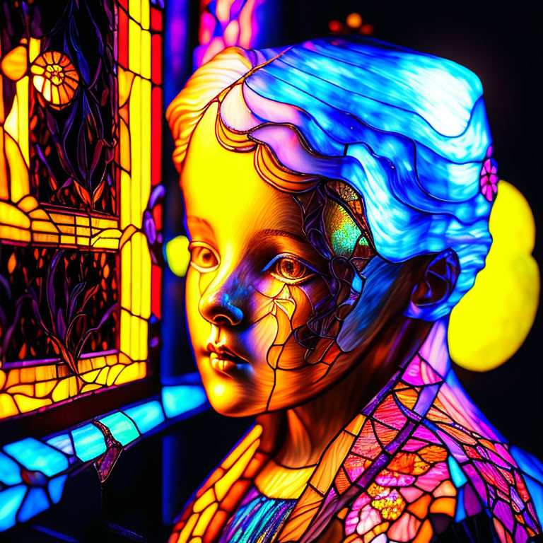 Colorful digital artwork: Female figure with flowing hair and stained glass patterns.