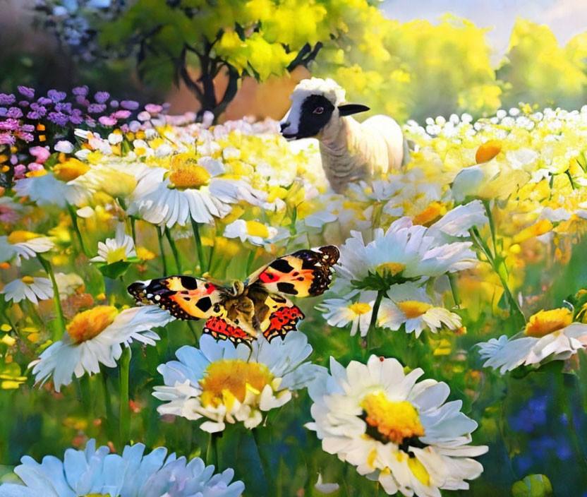 Colorful Flower Field with Butterfly, Sheep, and Sunny Skies