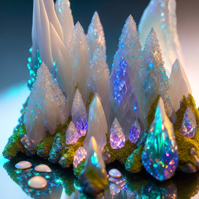 Translucent blue and green crystal cluster with speckled details and gem-like formations