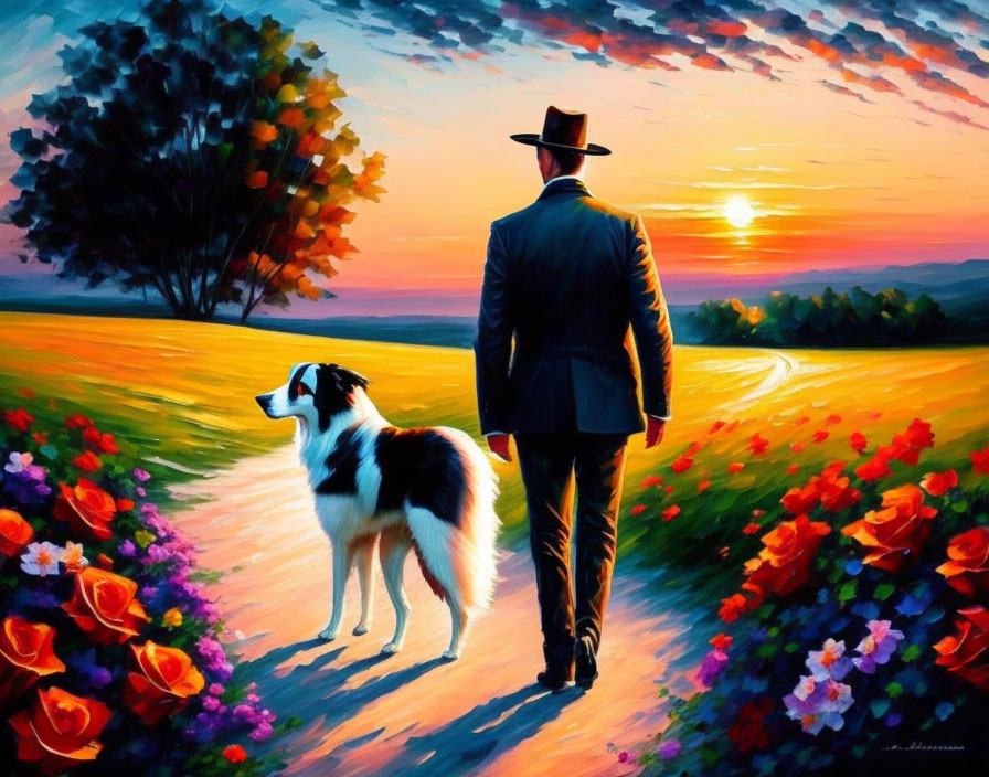 Man with hat walking dog in vibrant sunset landscape