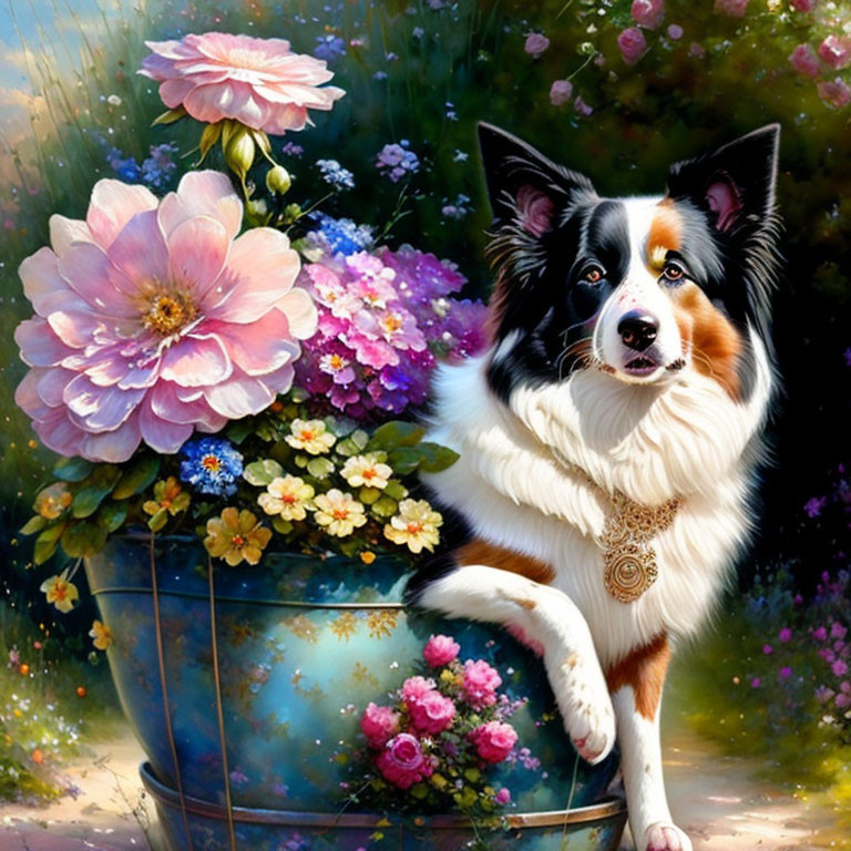 Border Collie with medallion in vibrant garden setting