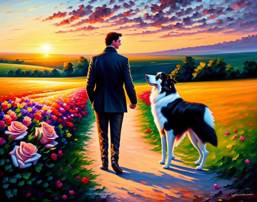 Man and dog walking on flower-lined path at sunset