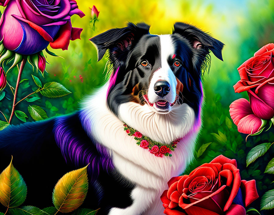 Border Collie with floral necklace in vibrant floral setting