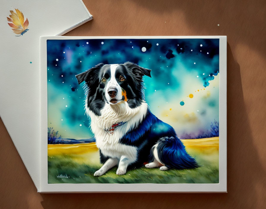 Vibrant painting of black and white dog with blue eyes in mystical field