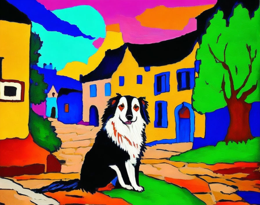 Colorful painting of a dog with whimsical houses and vibrant sky