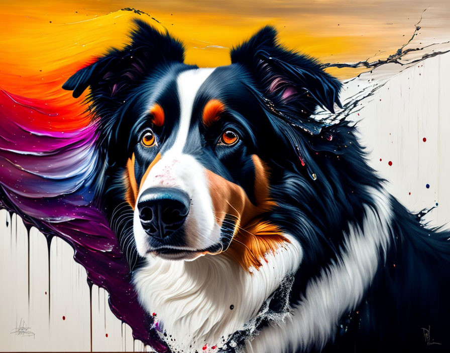 Vibrant Border Collie digital art with colorful abstract background