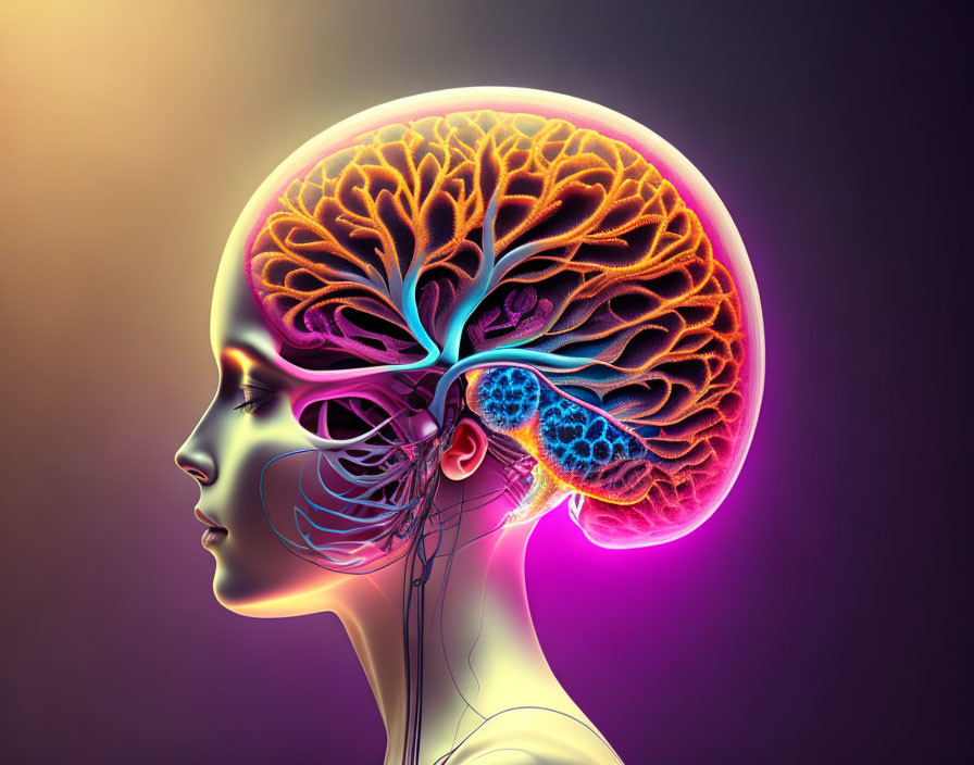 Colorful Brain Illustration in Human Head Profile View