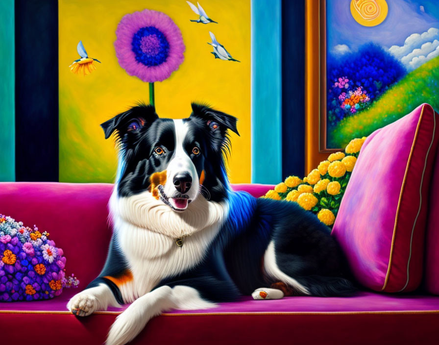 Vibrant painting of a dog on purple couch with colorful flowers.