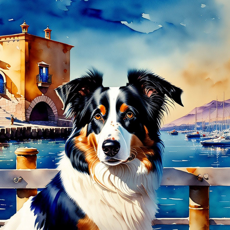 Vibrant Border Collie in Coastal Scene with Lighthouse and Boats