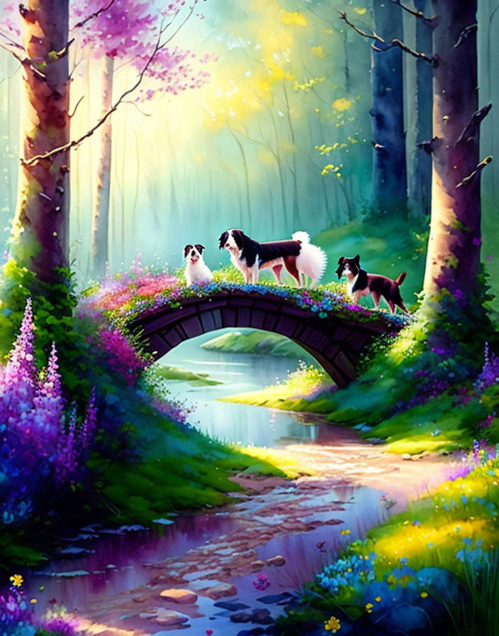 Three dogs on small bridge in magical forest with colorful flowers.