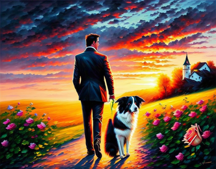 Man in suit with border collie in flower field at sunset with church.