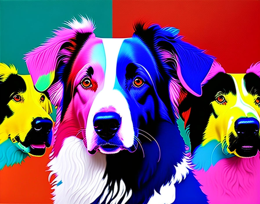 Vibrant pop art dogs against colorful backgrounds