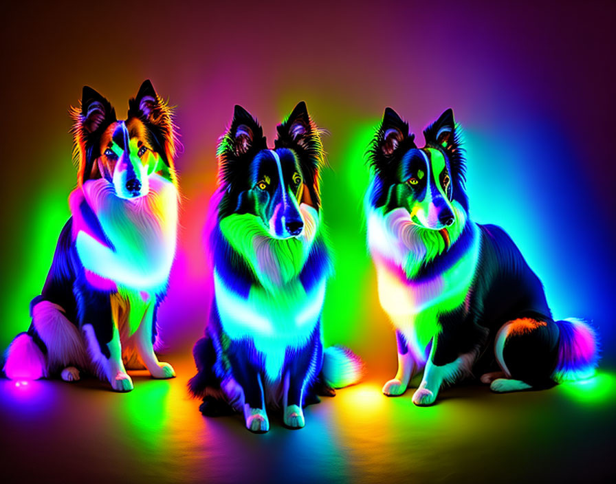 Neon Outlined Collie Dogs on Dark Background