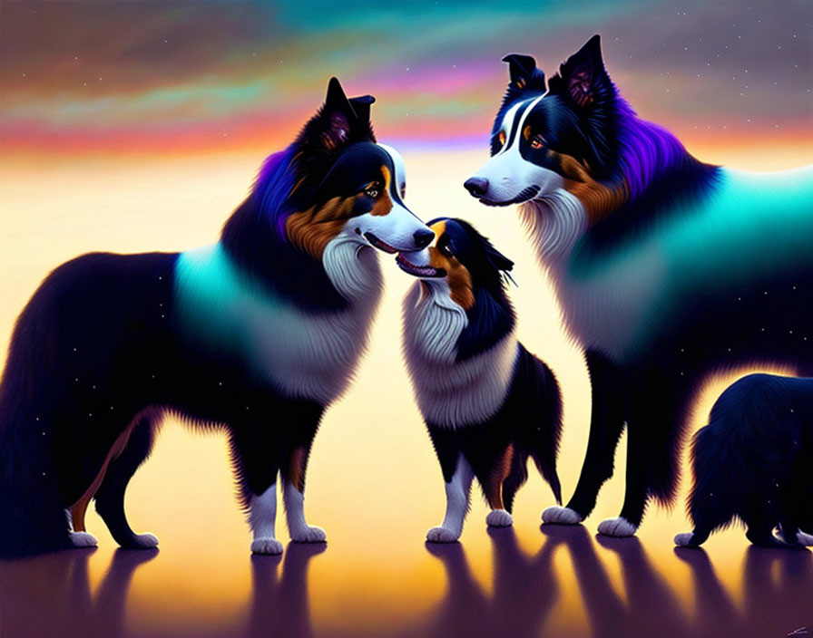 Three Colorful Shetland Sheepdogs in Twilight Sky Setting