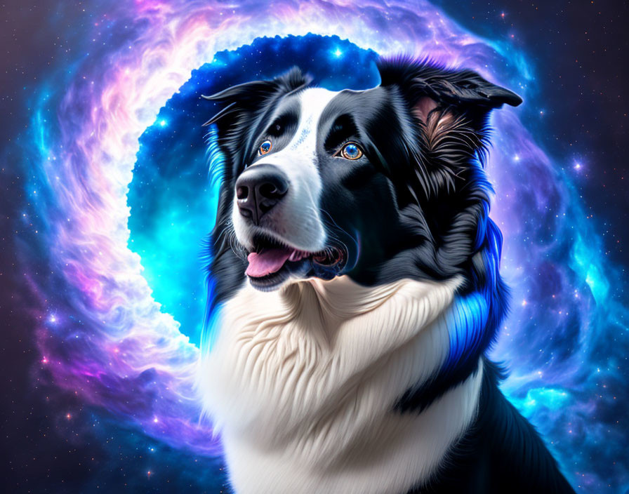 Border Collie digital artwork with cosmic galaxy backdrop in rich blues and purples