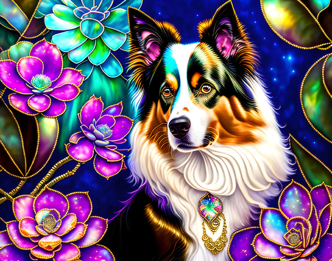 Colorful Australian Shepherd Dog Illustration with Jewel Pendant & Floral Sky