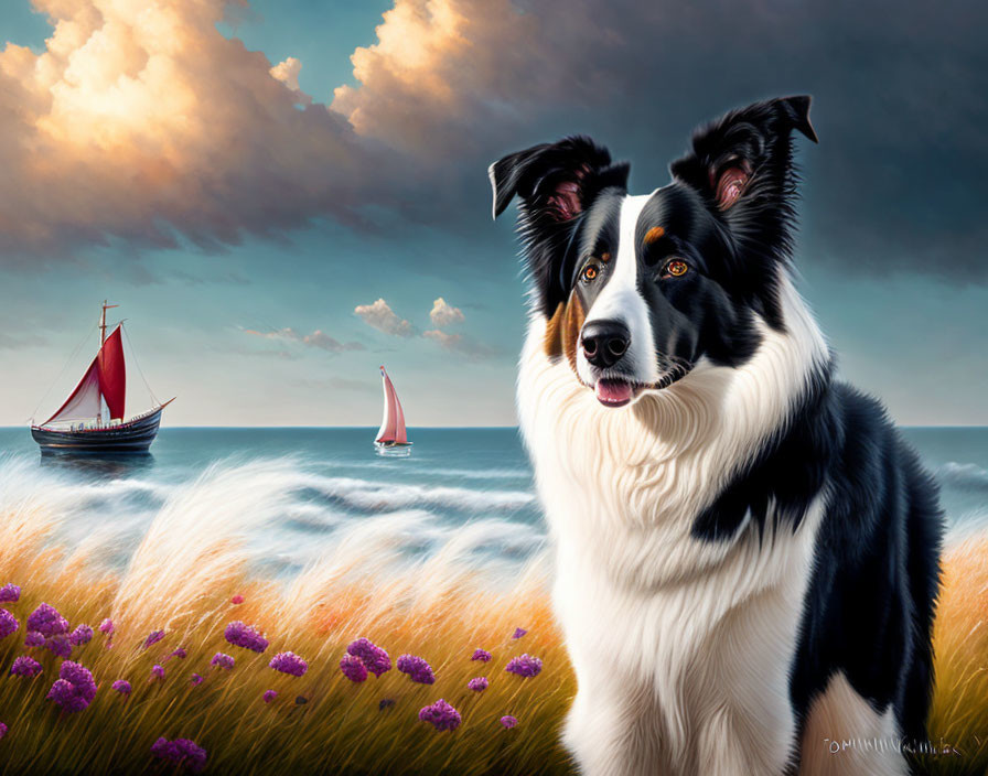 Black and white border collie with purple flowers on beach with sailboats in background