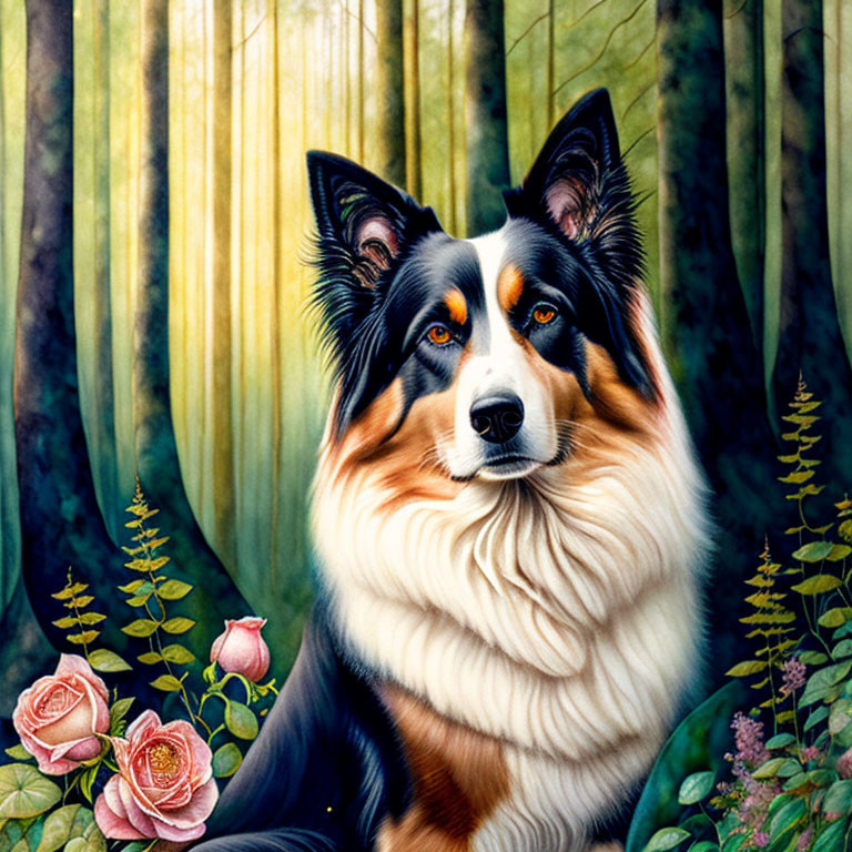 Tricolor Border Collie in lush forest with pink roses