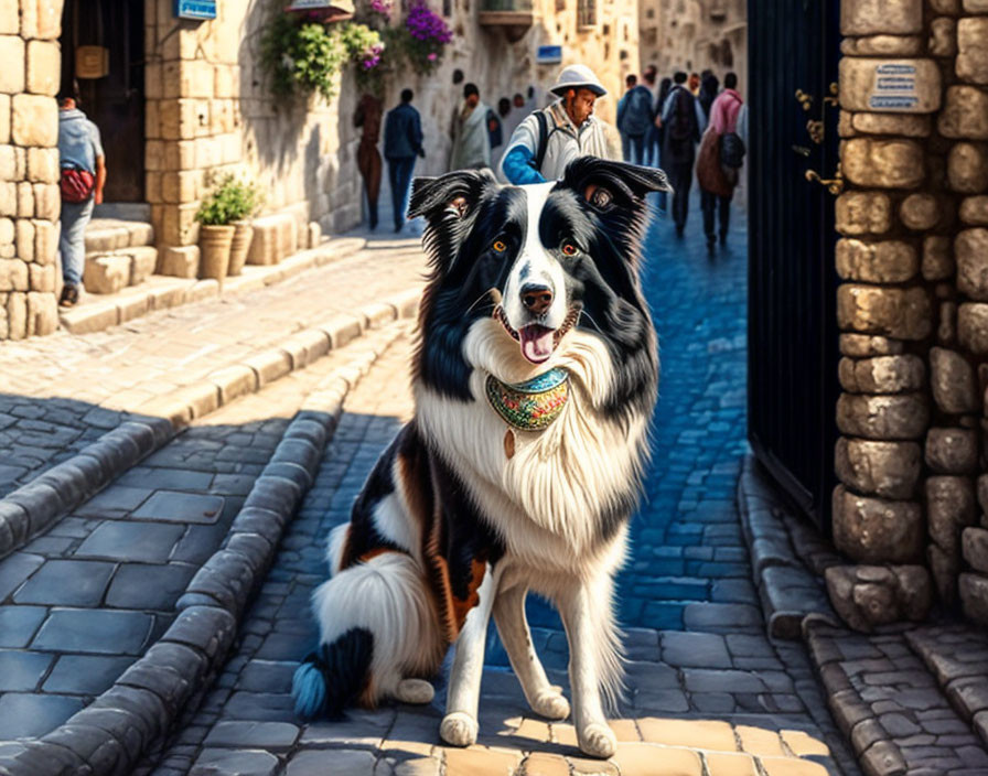 Cobbled alley scene with Border Collie wearing bandana