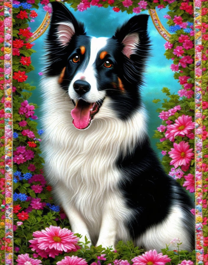 Smiling Border Collie portrait with pink flowers in decorative frame