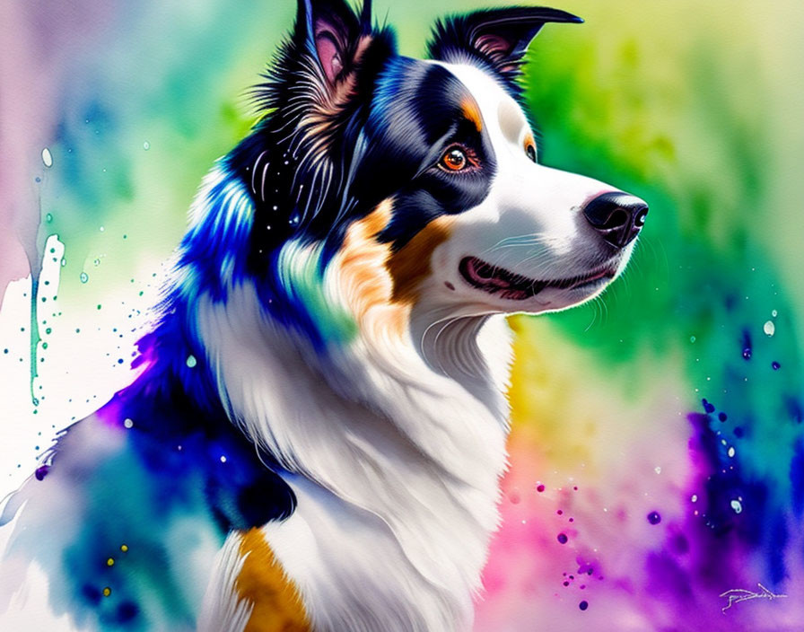 Colorful Border Collie Digital Artwork with Watercolor Background