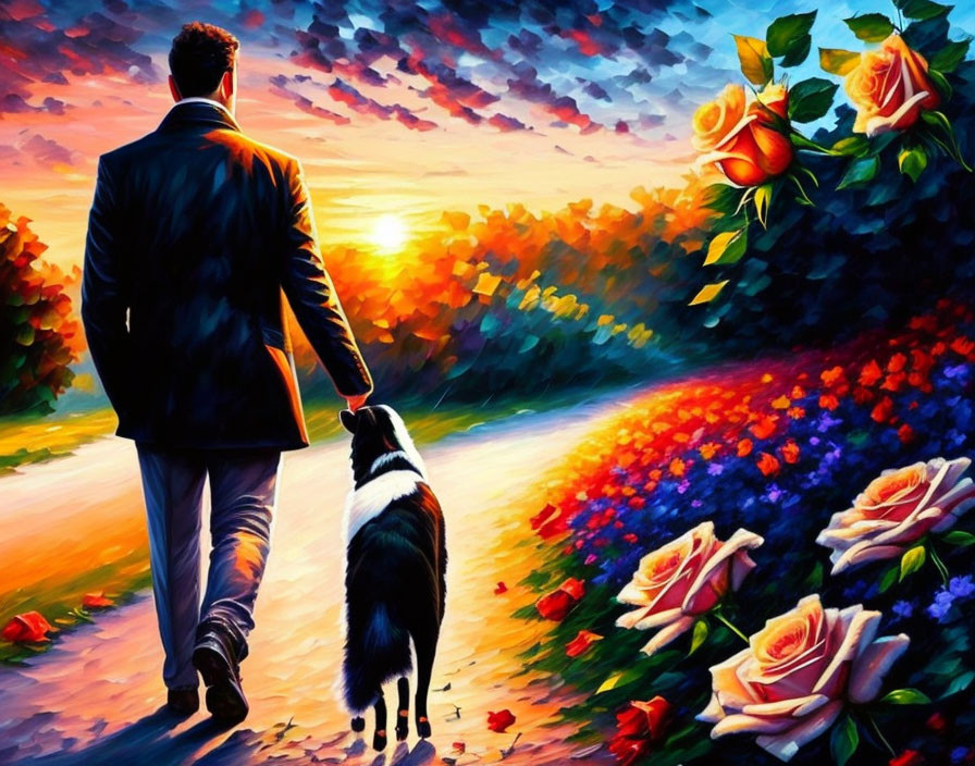 Man in suit walks dog on floral path at sunset surrounded by vibrant flowers