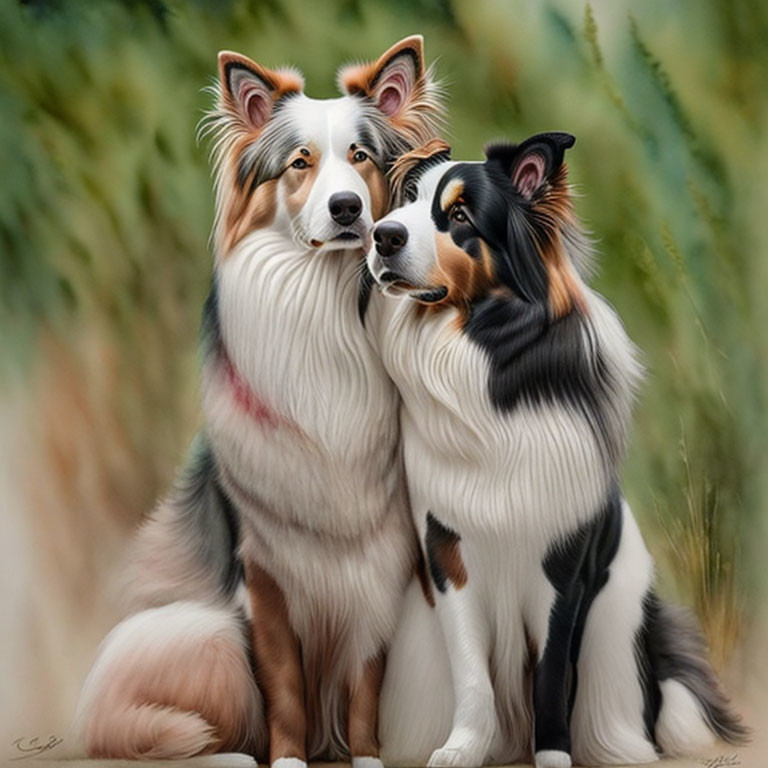 Two Shetland Sheepdogs with sable and black and white coats in tall grasses.