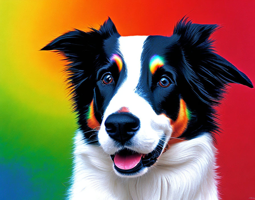 Colorful Border Collie portrait against rainbow backdrop