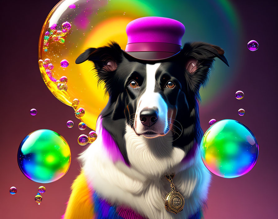 Colorful Border Collie portrait with purple hat and scarf in vibrant setting