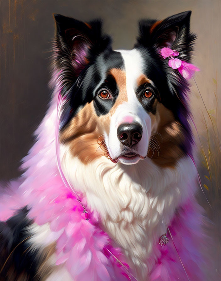 Border Collie portrait with black and white coat in pink tutu and flower ear accessory.